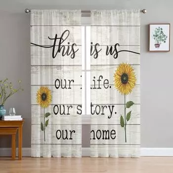 Farm Flower Sunflower Wood Grain Sheer Curtains for Living Room Modern Voile Curtain Bedroom Tulle Curtains Window Drapes Decor W135 x H114cm