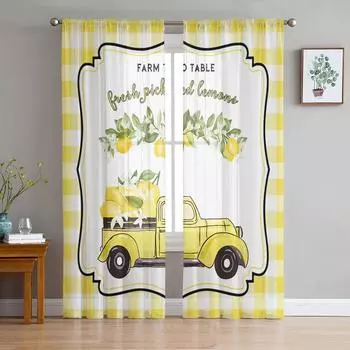 Сельскохозяйственный грузовик лимонно-желтый клетчатый прозрачный занавес для гостиной, современный вуалет занавеска для спальни тюль занавески для окон декор W135 x H114cm