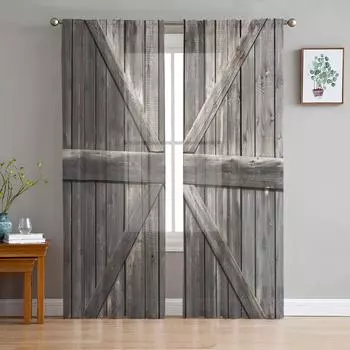 Farm Plank Warehouse Window Treatment Tulle Modern Sheer Curtains for Kitchen Living Room and Bedroom Curtains Decoration W135 x H114cm