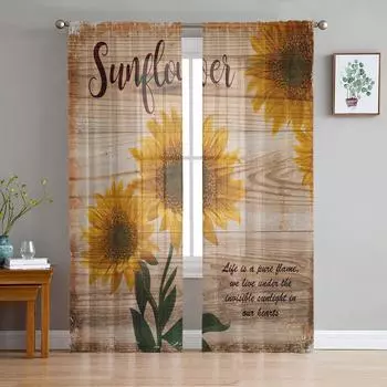 Farm Retro Sunflower Wood Grain Tulle Curtain Voile Transparent Tulle for Bedroom Living Room Kitchen Sheer Window Curtains W135 x H114cm