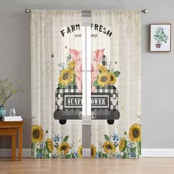 Farm Sunflower Pig Vintage Letter Background Sheer Curtains for Living Room Modern Bedroom Voile Tulle Curtain Window Drapes W135 x H114cm