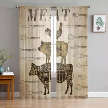 Farm Theme Cow Chicken Tableware Tulle Curtain Voile Transparent Tulle for Bedroom Living Room Kitchen Sheer Window Curtains W135 x H114cm