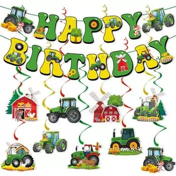 Farm Tractor Birthday Decoration Banner Birthday Party Decoration Flag and Flower Pull Tractor Spiral Pendant