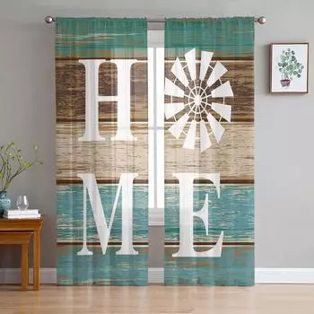 Farm Windmill Turquoise Wood Grain Home Sheer Curtains for Living Room Modern Voile Curtain Bedroom Tulle Curtains Window Drapes W135 x H114cm