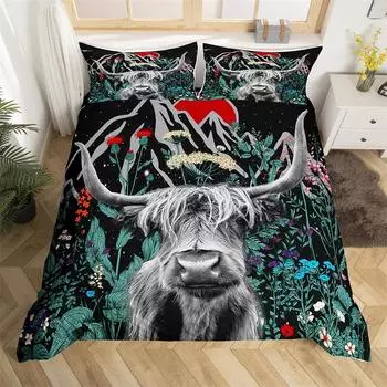 Farmhouse Animal Duvet Cover Microfiber Wild Botanical Floral Leaves Comforter Cover Highland Cow Bedding Set King For Boys Girl 70x133cm 2pcs