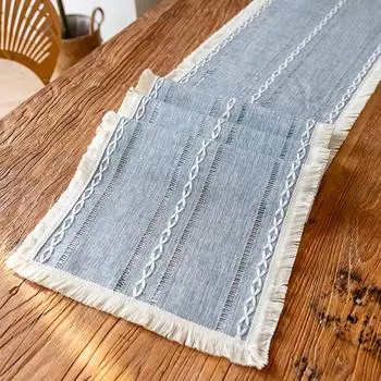 Farmhouse Table Runner Grey Blue 13x72 Inch Cotton Linen Embroidered Striped Boho Wedding Party Rustic Home Christmas Decoration 35X120cm 1pc