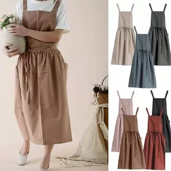 Фартук из хлопкового льна с передним карманом, удобная дышащая ткань для приготовления пищи и выпечки, кофе, ресторана, водонепроницаемая 7