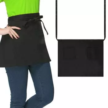 Фартук официанта Несколько карманов Износостойкий Водонепроницаемый с длинными ремнями Необрастающий полиэстер Хлопок Официантка Однотонный короткий фартук официанта чёрный