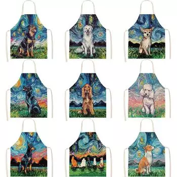 Фартук в стиле масляной живописи, фон звездного неба, собачье белье, хлопок, креативный фартук для родителей и детей, семейная кухня 47x38cm