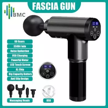 Фасциальный пистолет для массажа мышц, расслабление, восстановление, болезненность, боль, 99 передач, фасциальный пистолет для облегчения похудения, формирующий массажер, 4 головки, помощь в тренажерном зале Upgrade Type чёрный