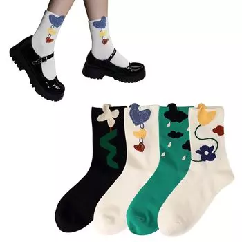 FASELE Хлопок Теленок 4 пары Все Пот Школьные Ежедневные Носки Координация, Женские Носки, Комплект, Девочки, Стильные, Повседневные, Сезоны,