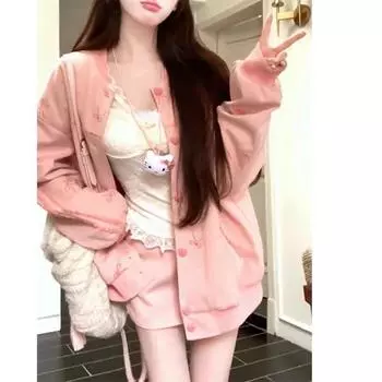FASHION2024 Бабочка Сердце Милая и Милая Свободная Куртка С Длинным Рукавом Бейсбольная Куртка Короткая Юбка Комплект Ветровка Кружевная Рубашка Женская Одежда S