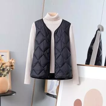 FASHION2024 и зима новый ромбовидный сетчатый женский короткий пуховый жилет модный легкий жилет с V-образным вырезом куртка Одежда L чёрный