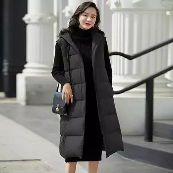 FASHION2024 и Зима Новый утолщенный пуховик с капюшоном Жилет женский удлиненный пуховик Куртка выше колена Жилет Верхняя одежда M хаки