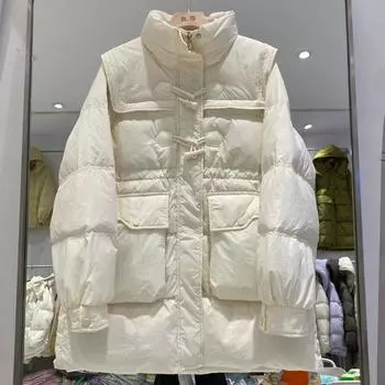 FASHION2024 и зимний студенческий стиль длинный пуховик женский с кукольным воротником и роговой пряжкой утолщенный белый пуховик Одежда S