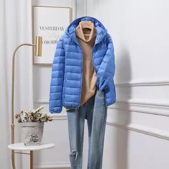 FASHION2024 и зимняя новая куртка-пуховик женская легкая и тонкая короткая с капюшоном и воротником-стойкой легкая модная куртка больших размеров Одежда S