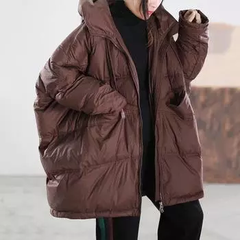 FASHION2024 куртка пуховик повседневный темперамент новый свободный женский пуховик с капюшоном зимняя рукава летучая мышь модная одежда One size чёрный