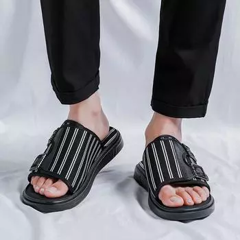 Fashion2024 Летние мужские нескользящие пляжные тапочки, уличные сандалии на плоской подошве, мужская домашняя мода, высококачественная удобная дышащая обувь 38 чёрный