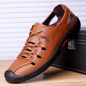 Fashion2024 Мужская обувь из натуральной кожи, мужские сандалии, прочная ручная работа, закрытый носок, нескользящая обувь для использования в помещении, на открытом воздухе, на пляже 38 чёрный