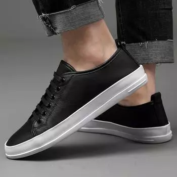 Fashion2024 Мужские туфли на шнуровке Кожаные туфли на плоской подошве Мужские вулканизированные туфли Повседневная обувь Белые кроссовки Британские повседневные нескользящие туфли Мода 38 чёрный