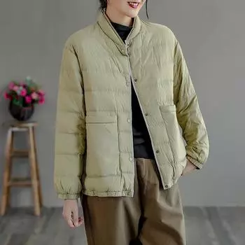 FASHION2024 New light and stylish down stand-up collar down jacket women s short solid color baseball collar versatile elegant coat Clothes M чёрный