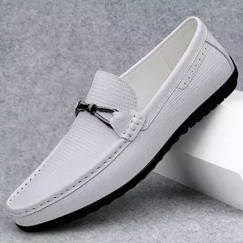 Fashion2024 Новые мужские тапочки из натуральной кожи, мокасины, повседневная обувь для отдыха на открытом воздухе, нескользящие мокасины, туфли на плоской подошве, мужские туфли для вождения, размеры 38-46 37 чёрный