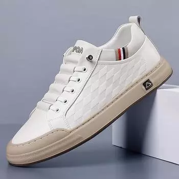 Fashion2024 New Mens Sneakers Genuine Leather Lace-Up Fashion Men s Skate Shoes Male Breathable Comfortable Outdoor Shoe Male Shoes 38 белый