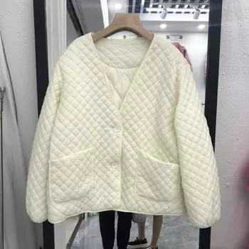 FASHION2024 Новая куртка-пуховик женская пуховая модная теплая с V-образным вырезом и ромбом свободная короткая зимняя куртка одежда S чёрный