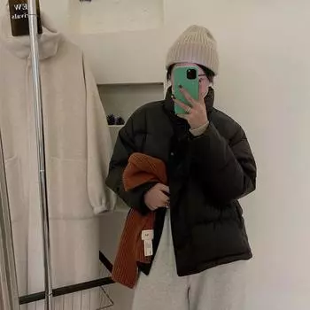 FASHION2024 Новая куртка-пуховик женская свободная утолщенная теплая белая утиная пуховая куртка с воротником-стойкой короткая куртка одежда S чёрный