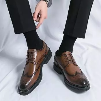 Fashion2024 Новая весна мужские деловые броги обувь высокого качества с острым носком винтажная натуральная кожа обувь мужская официальная одежда оксфорды 38 чёрный