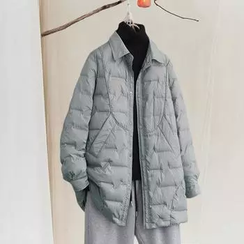 FASHION2024 Новая женская зимняя куртка-пуховик средней и длинной длины, модная повседневная универсальная белая утиная пуховая легкая и простая куртка Одежда M чёрный