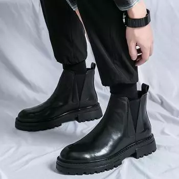 Fashion2024 Новые черные ботинки челси для мужчин, высокие дымчатые ботинки для мужчин, кожаные слипоны с круглым носком, размер 38-44 38 чёрный