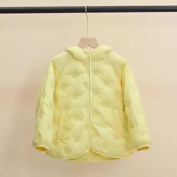 FASHION2024 Новые и зимние детские куртки-пуховики для мальчиков и девочек с коротким капюшоном, повседневные, легкие и тонкие, теплые, бесшовные, из пластика 110 жёлтый