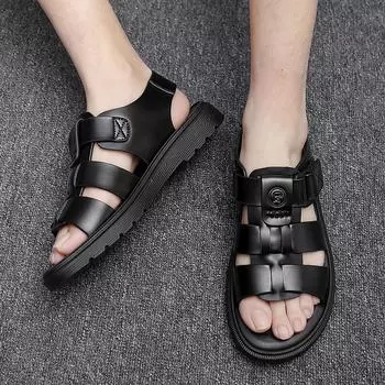 Fashion2024 новые летние мужские туфли на толстой подошве из натуральной кожи, спортивные сандалии для отдыха на открытом воздухе, высококачественные коричневые и черные дышащие пляжные туфли 38 чёрный