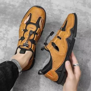 Fashion2024 Новые летние сандалии мужские мягкие кожаные туфли мужские полые кроссовки Octopus уличные нескользящие эластичные пляжные туфли ручной работы 38 чёрный