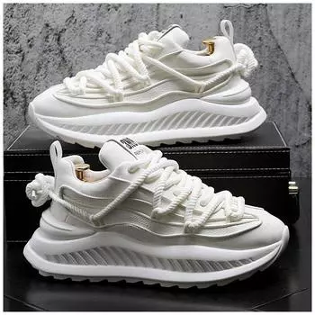 Fashion2024 Новые модные однотонные мужские кроссовки на толстом каблуке, повседневные кожаные спортивные туфли на платформе, дизайнерская обувь для мужчин 38 белый