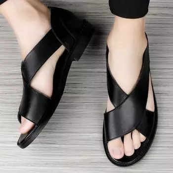 Fashion2024 Новые мужские сандалии из натуральной кожи с открытым носком на плоской подошве в римском стиле, мужские сандалии, летние дышащие пляжные гладиаторские сандалии для мужчин 37 чёрный