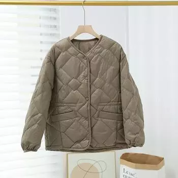 FASHION2024 новый легкий и тонкий пуховик зимний женский с короткой талией популярный модный весенний и тонкий пуховик без воротника Одежда S легкие хаки