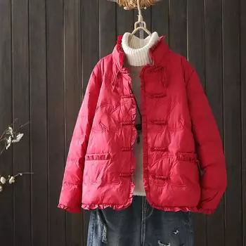 FASHION2024 новый продукт ручная работа пряжка легкий и тонкий сращивание воротник стойка белый утиный пух короткая и зимняя литературная куртка Одежда M красный