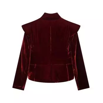 FASHION2024 Новый стиль женственная куртка из бархата с длинным рукавом и V-образным вырезом из хлопка Одежда XS багровый