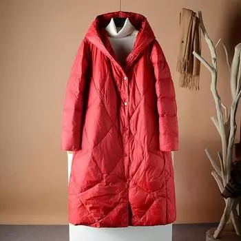 FASHION2024 новый темперамент приталенный крой с капюшоном теплая средняя и длинная пуховая куртка женская зимняя куртка из утиного пуха до колена с защитой от холода Одежда M хаки