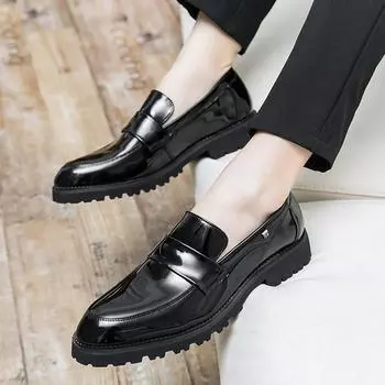 Fashion2024 Платформа Лакированная Кожа Туфли Мужские Официальные Мужские Туфли Лоферы Люксовый Бренд Свадебные Туфли Мужские Zapatos Hombre Chaussure 38 чёрный