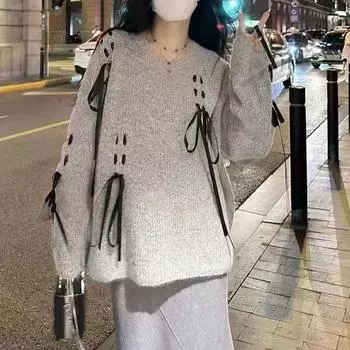 FASHION2024 Серый свитер с круглым вырезом и бантом на бретелях, женский свободный и тонкий универсальный топ с длинными рукавами, маленькая зимняя одежда Одежда One size fits all (recommended within 65kg) серый