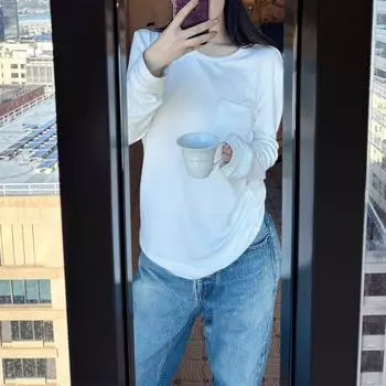 FASHION2024 Сезон Slack Gene Fake Два кармана Длинный рукав Рубашка женская Круглый вырез Сложенный износ Футболка Верх женская одежда S белый