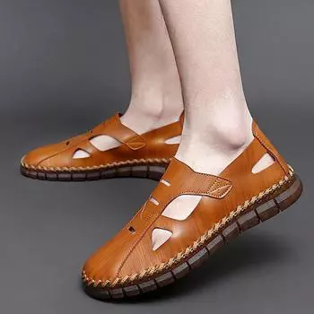 Fashion2024 Summer Handmade Sandals Men Soft Leather Shoes Man Sandalias Outdoor Antiskid Beach Sandals Hollow Shoes Handmade Footwear 38 чёрный