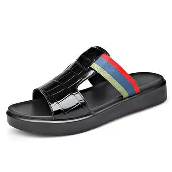 Fashion2024 Летние новые дизайнерские пляжные туфли для мужчин из натуральной кожи с толстой подошвой, нескользящие тапочки для мужчин, модные повседневные мужские шлепанцы 38 чёрный