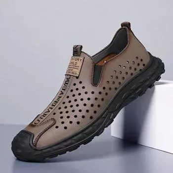 Fashion2024 Summer New Designer Men s Leather Sandals Business Casual Hollow Out Loafers Male Breathable Lazy Bean Shoes for Man 38