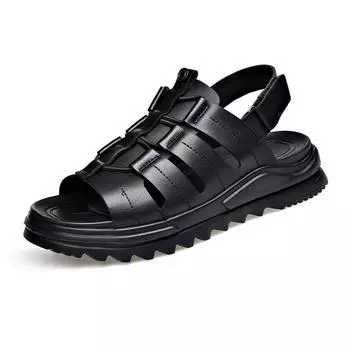 Fashion2024 Summer New Fashion Cow Leather Sandals for Men Soft Soled Casual Open-toe Beach Shoes Male Black Platform Sandale Homme 38 чёрный