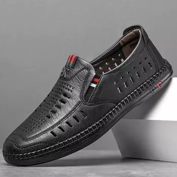 Fashion2024 Summer New Leather Sandals Men Fashion Breathable Soft Bottom Hollowed Out Male Shoes Designer Casual Men s Dress Shoes 41 чёрный