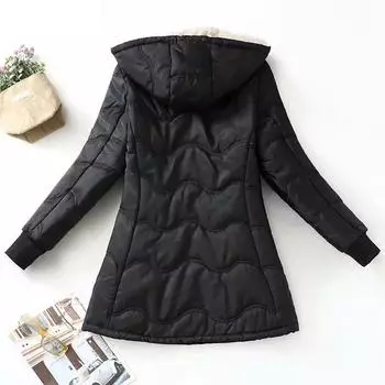 FASHION2024 winter new hooded medium and long loose velvet warm cotton-padded imitation lamb wool cotton-padded jacket women s jacket Clothes S чёрный